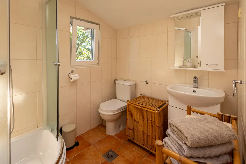 Second bathroom with a bath, basin and toilet